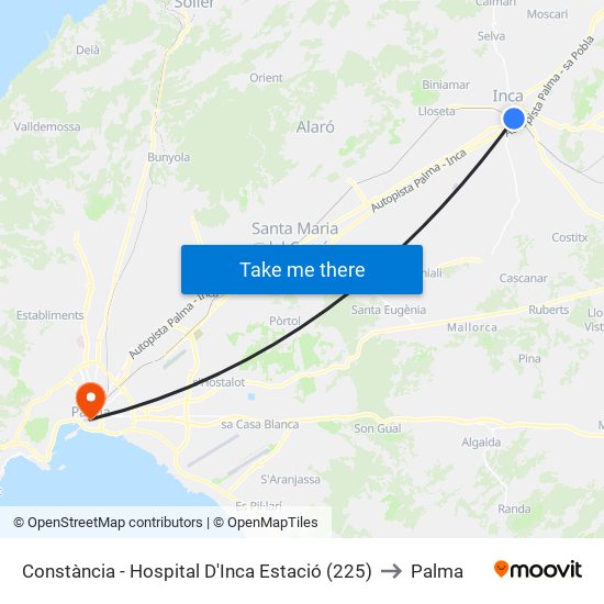Constància - Hospital D'Inca Estació (225) to Palma map