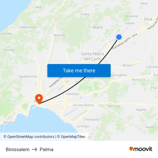 Binissalem to Palma map
