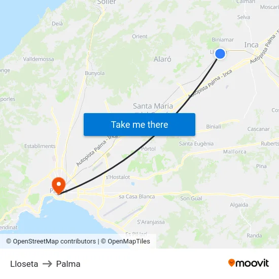 Lloseta to Palma map