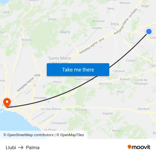 Llubí to Palma map