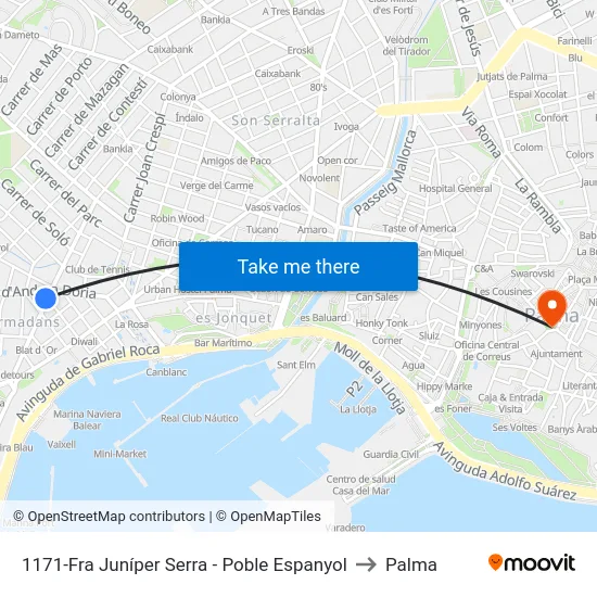 1171-Fra Juníper Serra - Poble Espanyol to Palma map
