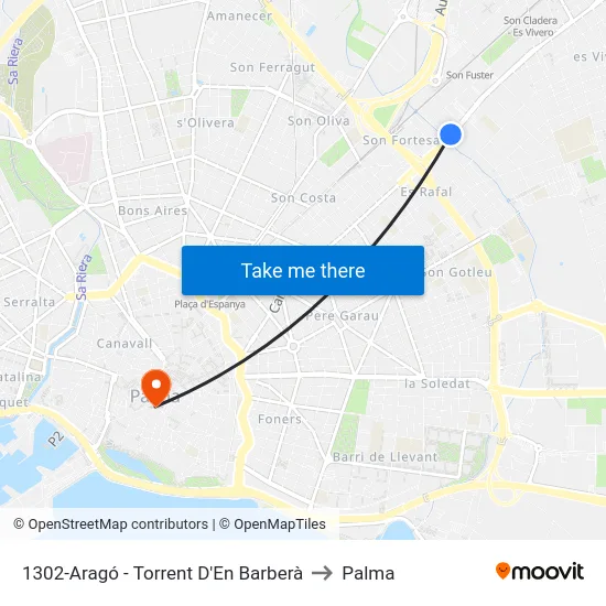 1302-Aragó - Torrent D'En Barberà to Palma map