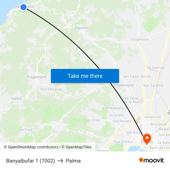 Banyalbufar 1 (7002) to Palma map