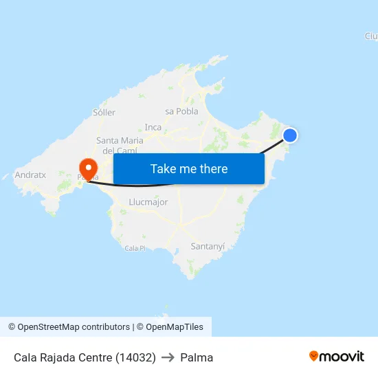 Cala Rajada Centre (14032) to Palma map