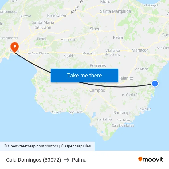 Cala Domingos (33072) to Palma map