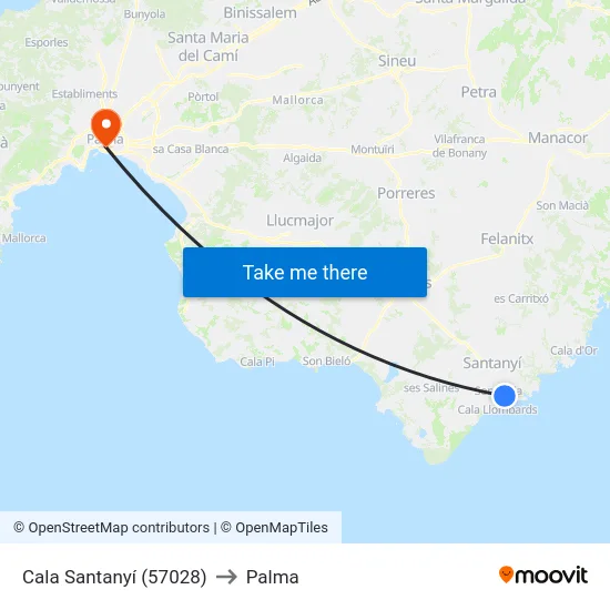 Cala Santanyí (57028) to Palma map