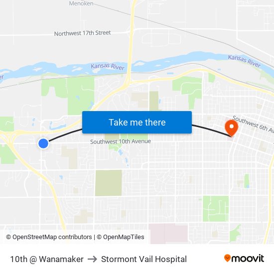 10th @ Wanamaker to Stormont Vail Hospital map