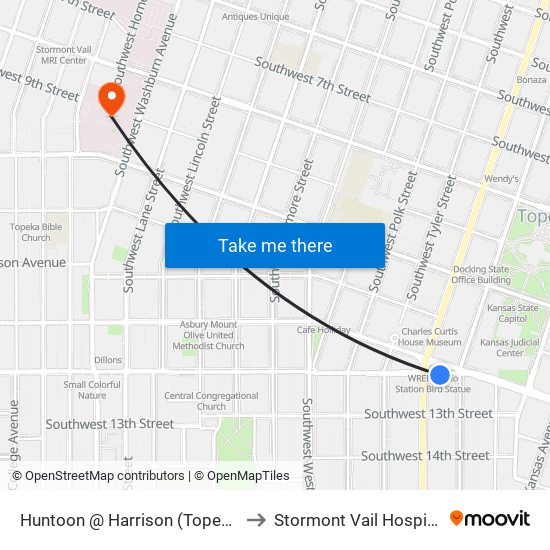 Huntoon @ Harrison (Topeka) to Stormont Vail Hospital map