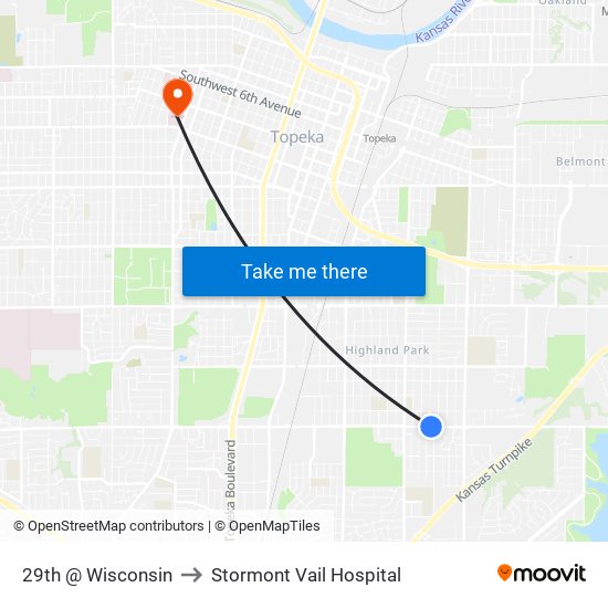 29th @ Wisconsin to Stormont Vail Hospital map