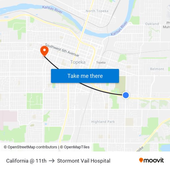 California @ 11th to Stormont Vail Hospital map