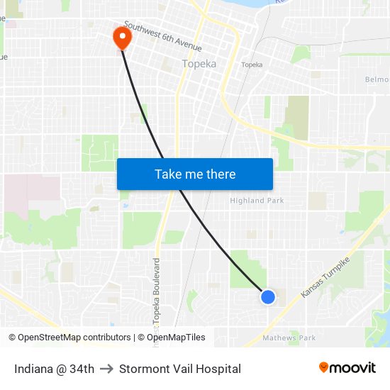 Indiana @ 34th to Stormont Vail Hospital map