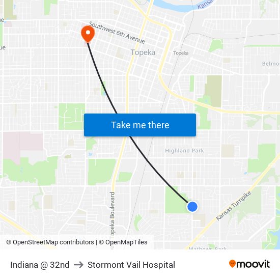 Indiana @ 32nd to Stormont Vail Hospital map