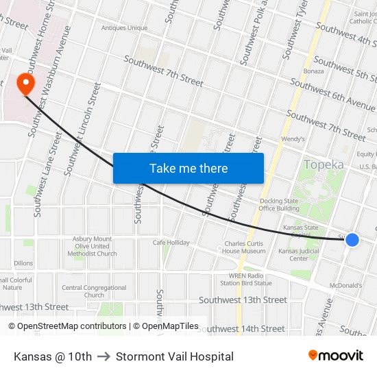 Kansas @ 10th to Stormont Vail Hospital map