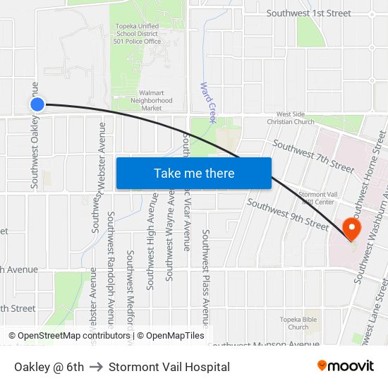 Oakley @ 6th to Stormont Vail Hospital map