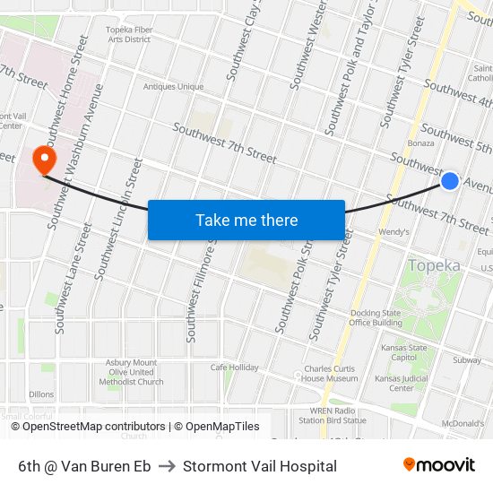 6th @ Van Buren Eb to Stormont Vail Hospital map