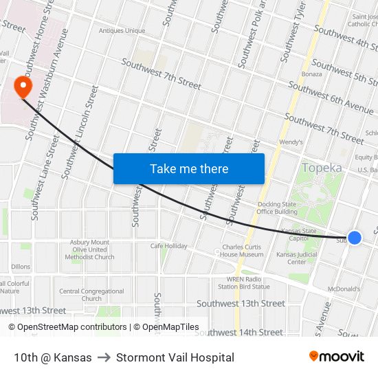 10th @ Kansas to Stormont Vail Hospital map