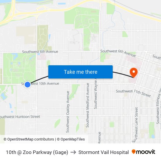 10th @ Zoo Parkway (Gage) to Stormont Vail Hospital map