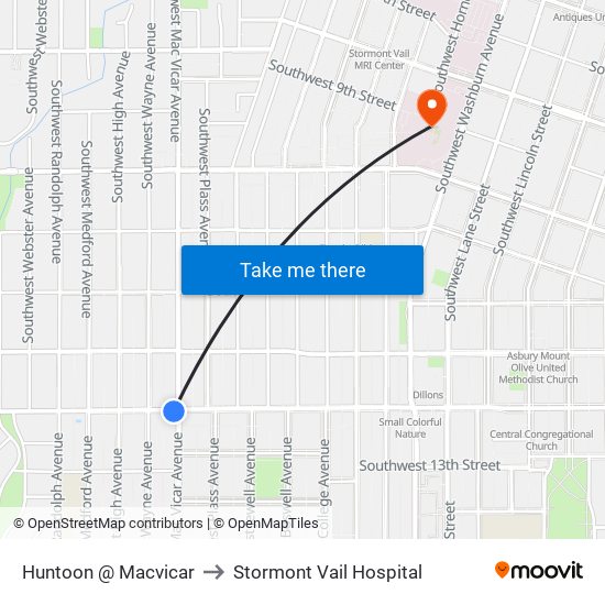 Huntoon @ Macvicar to Stormont Vail Hospital map