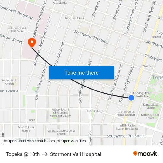 Topeka @ 10th to Stormont Vail Hospital map