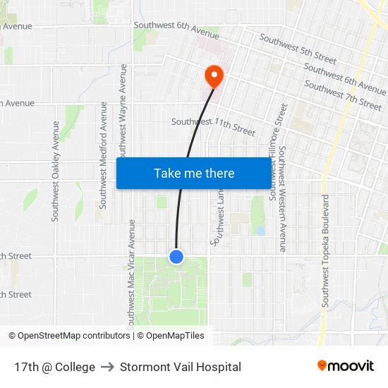 17th @ College to Stormont Vail Hospital map