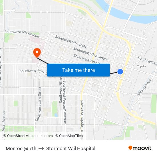 Monroe @ 7th to Stormont Vail Hospital map