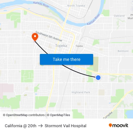 California @ 20th to Stormont Vail Hospital map