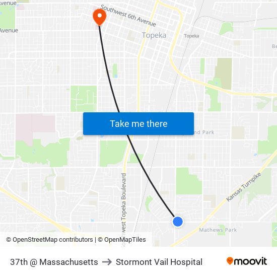 37th @ Massachusetts to Stormont Vail Hospital map