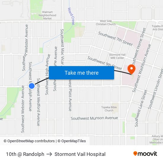 10th @ Randolph to Stormont Vail Hospital map