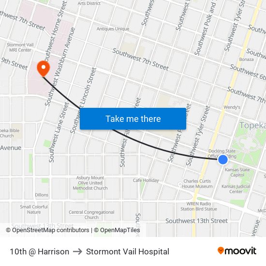 10th @ Harrison to Stormont Vail Hospital map