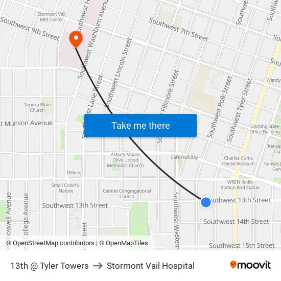 13th @ Tyler Towers to Stormont Vail Hospital map