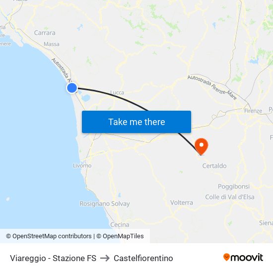 Viareggio Stazione FS to Castelfiorentino map