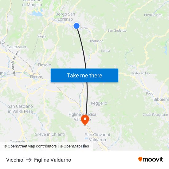 Vicchio to Figline Valdarno map