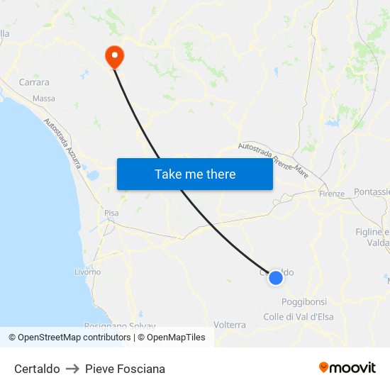 Certaldo to Pieve Fosciana map