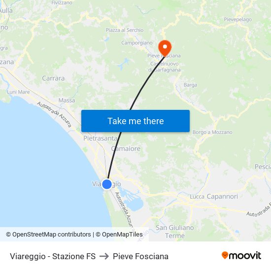 Viareggio Stazione FS to Pieve Fosciana map