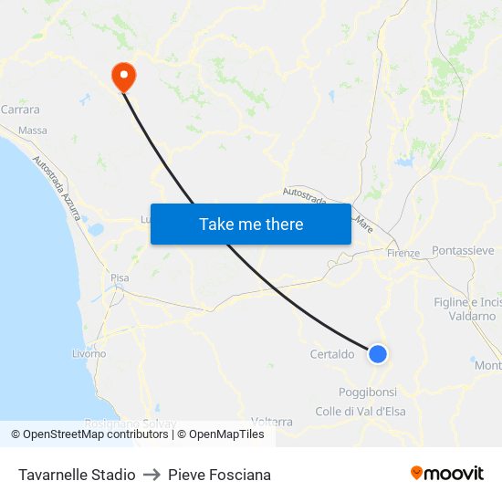 Tavarnelle Stadio to Pieve Fosciana map