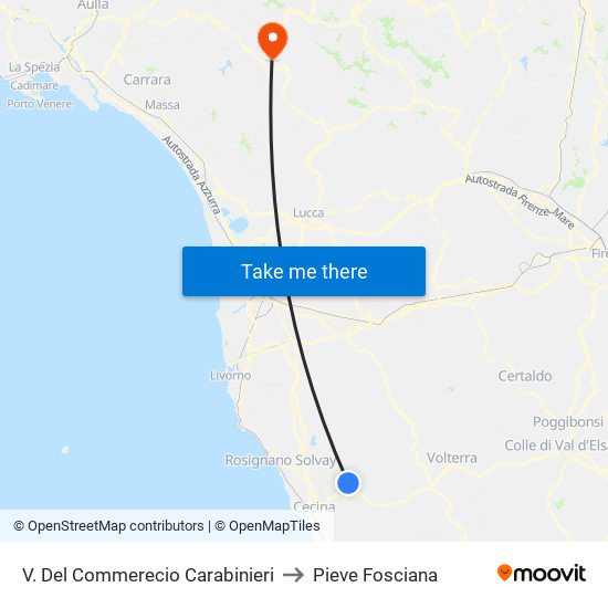 V. Del Commerecio Carabinieri to Pieve Fosciana map
