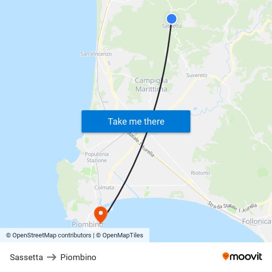 Sassetta to Piombino map