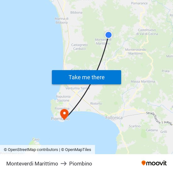 Monteverdi Marittimo to Piombino map