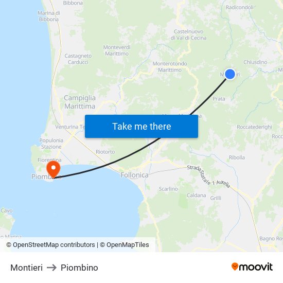 Montieri to Piombino map