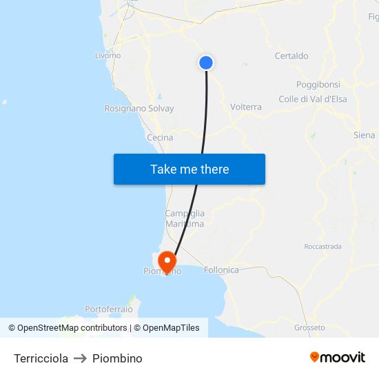 Terricciola to Piombino map