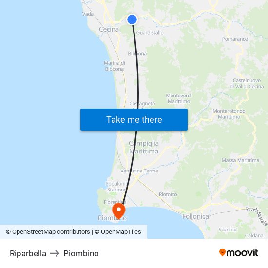 Riparbella to Piombino map
