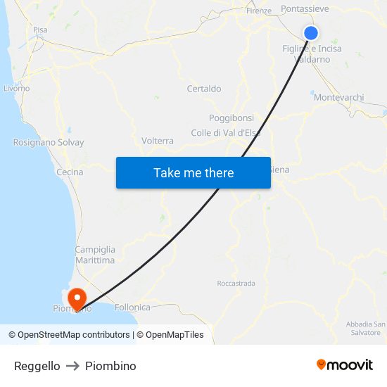 Reggello to Piombino map