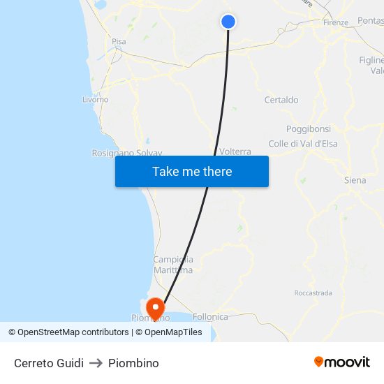Cerreto Guidi to Piombino map