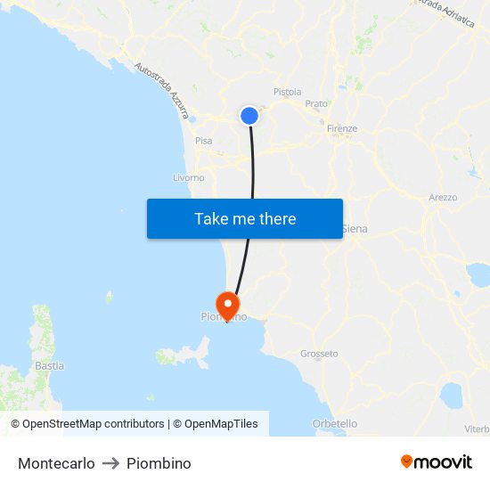 Montecarlo to Piombino map