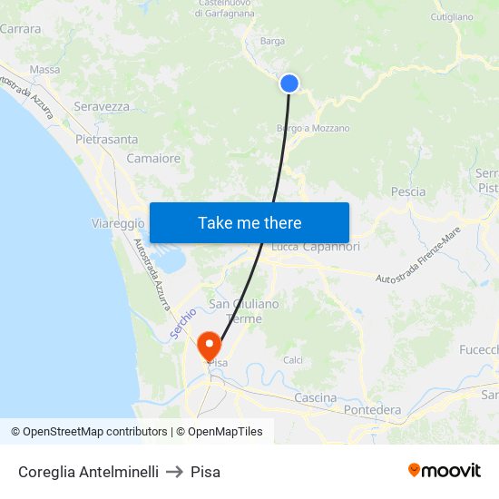 Coreglia Antelminelli to Pisa map