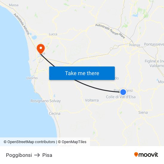 Poggibonsi to Pisa map