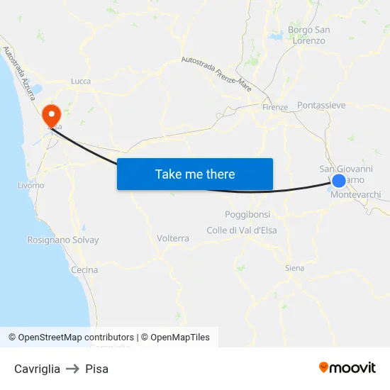 Cavriglia to Pisa map