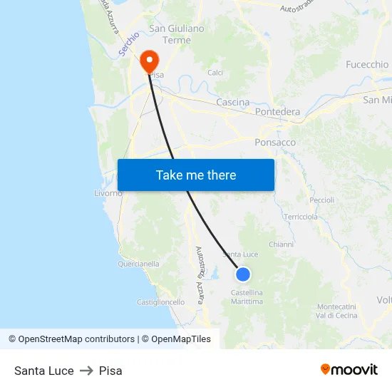 Santa Luce to Pisa map