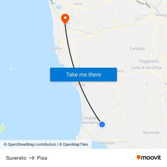 Suvereto to Pisa map