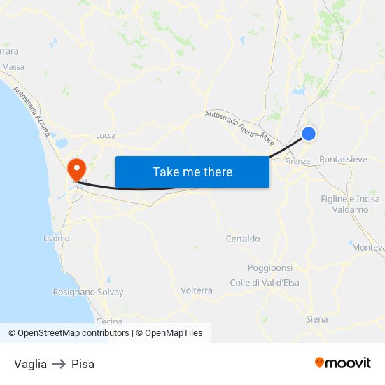 Vaglia to Pisa map